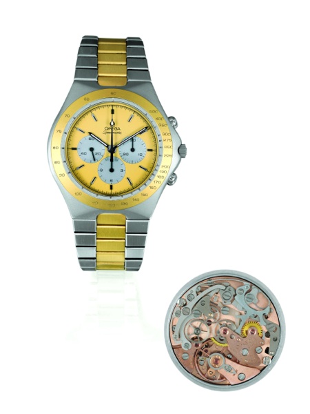 SO-CALLED TEUTONIC SPEEDMASTER.Omega, Speedmaster, No. 46877891, Ref. DL 345.0803. Made for the Germanic market..Sold on July 8, 1985..Fine, tonneau-shaped, asymmetric, stainless steel and 18K yellow gold-plated gentleman`s.wristwatch with round button ch