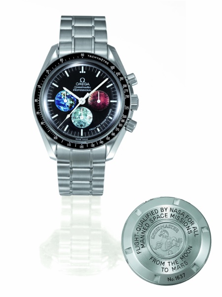 FROM THE MOON TO MARS.Omega, Speedmaster Professional, From The Moon To Mars, No. 1637, movement.No. 77143959, Ref. SU 145.0228. Sold on March 9, 2005..Fine, asymmetric, stainless steel gentleman`s wristwatch with round button chronograph.registers and bl