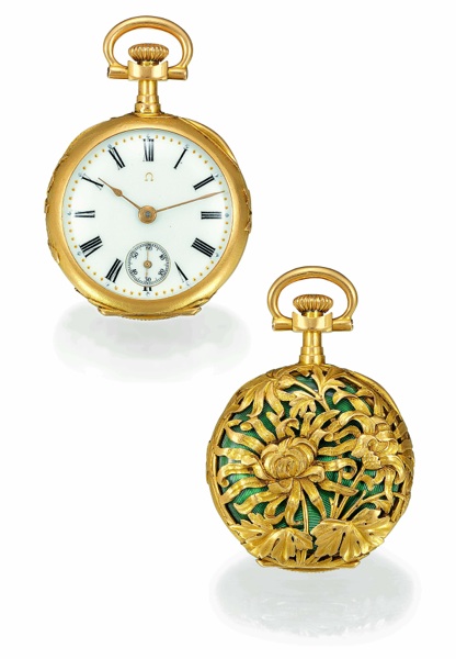 GOLD PEONIES UPON GREEN ENAMEL GROUND.Omega, No. 1501787, case No. 1657669, Ref. OT 743.10. Sold on November 28, 1899..Very fine and rare, keyless, 18K yellow gold and enamel lady`s pendant watch with pierced.chased and engraved peonies and foliage decora