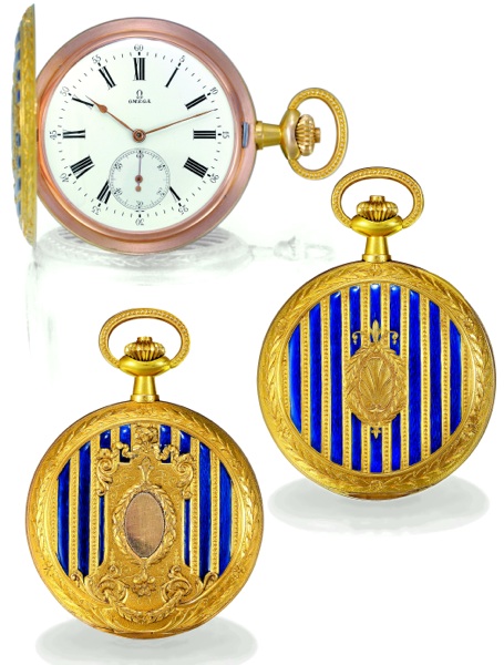 GOLD AND BLUE ENAMEL.Omega, No. 2868498, case No. 3638256, Ref. 843.19. Sold on April 4, 1907..Fine and very rare, hunting-cased, keyless, 18K two-tone yellow and pink gold dress watch.with alternating yellow gold and blue champlev_ enamel stripes on cove