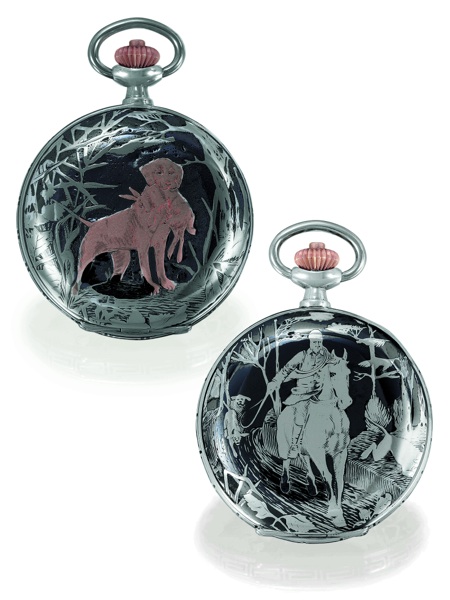THE HUNT.Omega, Bienne, No. 5470329, case No. 6184423, Ref. ND 241 LV. Made in 1919..Fine and rare, small, silver and gold hunting-cased pocket watch with niello decoration..This watch is sold with box, Certificate of Authenticity and a 2-year Omega guara