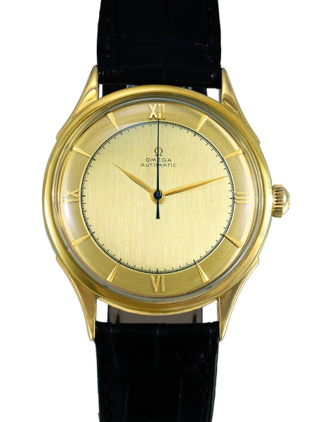 SO-CALLED AMBASSADOR.Omega, No. 10177539, case No. 10699185, Ref. OT 2421. Sold on 28 February, 1946..Fine and rare, self-winding, water-resistant, center seconds, 18K yellow gold gentleman