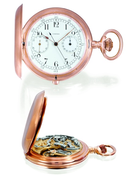 5TH SECOND CRONOGRAPH.Omega, Bienne, No. 2699106, case No. 3622464, Ref. CH 833.19. Made circa 1906..Fine and rare 18K gold keyless hunting-cased pocket watch with chronograph and semiinstantaneous.30-minute register. This watch is sold with a box, Certif