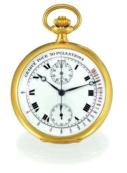 MEDICAL CO-AXIAL CHRONOGRAPH.Omega, No. 5667568, case No. 6484208, Ref. KOV 141 LV. Sold on October 10, 1924..Very fine and rare, keyless, 18K yellow gold dress watch with co-axial single button chronograph.semi-instantaneus minute register and pulsometer