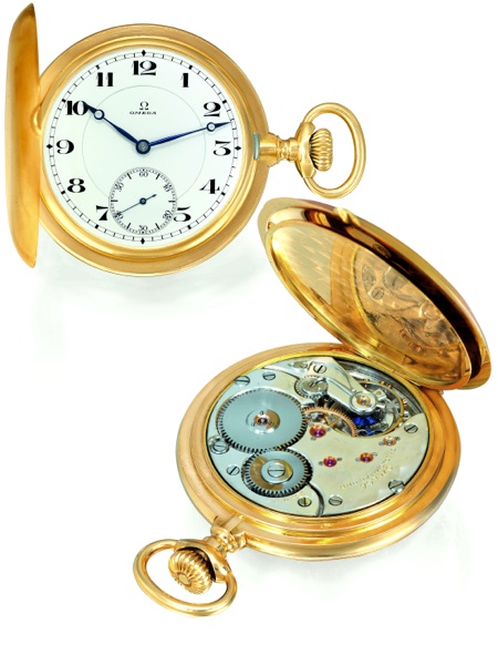 DDR SAVONETTE.Omega, No. 2520357, case No. 5192558, Ref. 843.2. Made in 1916 for the.Russian market..Very fine and exceptionally rare, hunting-cased, 18K yellow gold, keyless pocket.chronometer, one of a series of 60 examples of 20