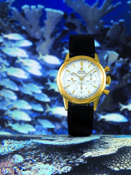 SEAMASTER CHRONOGRAPH Omega, Seamaster, No. 22082588, Ref. BD 105.004. Sold on April 6, 1965..Fine, water-resistant, 14K yellow gold gentleman