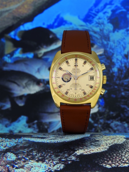 SEAMASTER AUTOMATIC Omega, Seamaster, Automatic, No. 34251762, Ref. MD 176.007. Sold on.February 26, 1973..Fine and rare, cushion-shaped, self-winding, gold-plated gentleman`s wristwatch.with round button chronograph, central minute register, 12-hour reco