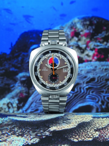 SO-CALLED BULLHEAD Omega, Seamaster, No. 29147695, Ref. ST 146.011. Sold on September 15, 1970..Very rare, fine and unusual, water-resistant, asymmetric, stainless steel gentleman`s.wristwatch with round-button chronograph, date, 30-minute register, inner