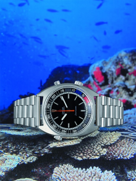 CHRONOSTOP YACHT TIMER Omega, Seamaster Chronostop, No. 28435025, Ref. ST 145.008. Sold on March.20, 1970..Fine and rare, tonneau-shaped, water-resistant, stainless steel sailing watch with.round button chronograph and a stainless steel Omega bracelet wit