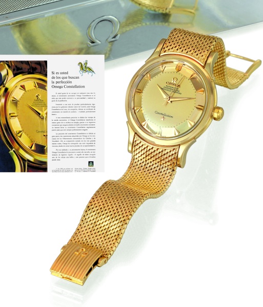 CONSTELLATION DE LUXE Omega, Constellation, Chronometer Officially Certified, No. 14229272, case.No. 11380662, Ref. OT 2799. Sold on 21st February, 1956..Very fine and elegant, center-seconds, self-winding, water-resistant, 18K yellow.gold gentleman's wri