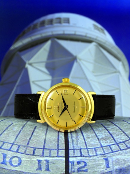 CONSTELLATION CALENDAR GRAND LUXE Omega, Constellation, Chronometer, Officially Certified, No. 19671041, case.No. 618861, Ref. BA 168.0002. Sold on February 7, 1964..Very fine and rare, center seconds, self-winding, 18K yellow gold gentleman`s wristwatch.