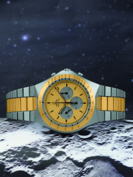 SO CALLED TWO-TONE TEUTONIC SPEEDY Omega, Speedmaster, movement No. 44124686. Ref. DL 345.0803 / 145.0040..Made for the Germanic market. Sold on June 15, 1983..Fine, tonneau-shaped, assymetric, stainless steel and 18K yellow gold-plated.gentleman