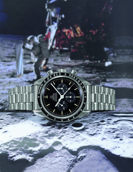 APOLLO XI Omega, Speedmaster Professional, movement No. 48269691, Ref. ST 345.0808..Made in a numbered series starting in 1980 and sold on November 8, 1991..Very rare and fine, asymmetric, water-resistant, stainless steel wristwatch with.transparent back,