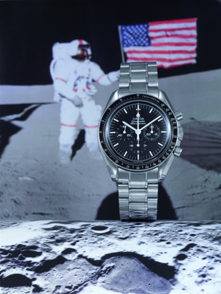 LAST MAN ON THE MOON, NO. 1 Omega, Speedmaster Professional, No. 0001/3000, case No. 77076435.Ref. SU 345.0226. Made in a limited edition of 3000 examples in 2002..Fine and rare, asymmetric, water-resistant, stainless steel gentleman`s wristwatch.with rou