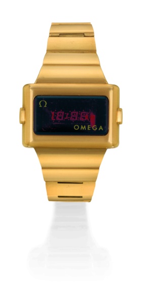 TIME COMPUTER 2 Omega, Ref. GD 196.0039. Made in 1975..Fine, digital, horizontal rectangular, yellow gold-capped stainless steel gentleman`s.quartz wristwatch with red LED display for the time and date, and a gold-capped.articulated bar-link bracelet with