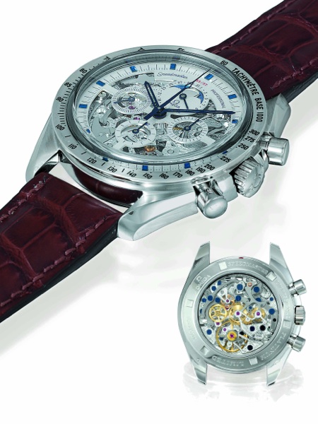 PLATINUM SKELETONIZED SPEEDYMOON Omega, Speedmaster Professional, No. 55, movement No. 77097541, Ref. AT.145.0058. Made in a limited edition of 57 examples in 2005..Very fine and rare, asymmetric, astronomic, skeletonized, platinum gentleman`s.wristwatch 