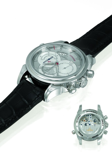 DE VILLE RATTRAPANTE Omega, De Ville, Rattrapante, Co-Axial Chronometer. No. 107, movement number 78056756.Ref. PT 4647.40.31. Made in a limited edition of 107 examples in 2005..Very fine and rare, self-winding, water-resistant, platinum gentleman`s wrist