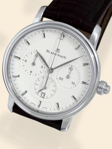 Chronographe Mono-poussoir.Blancpain, Villeret, Chronographe, Automatique, Ref. 6185, No. 327. Made in the 1990s..Very fine, self-winding, water-resistant, stainless steel gentleman's wristwatch with single co-axial button.chronograph, registers, date and