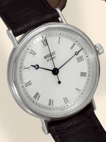 Automatic.Breguet, Automatic, No. 3327, Ref. 5910. Made in 1999..Very fine, self-winding, center seconds, platinum gentleman's wristwatch with date and a platinum Breguet.buckle. Accompanied by a certificate.