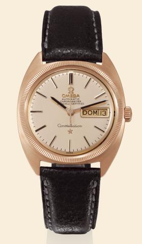Pink Gold, Constellation.Omega, Constellation, Automatic Chronometer.Officially Certified, No. 27282618, case.No. 168029. Made circa 1968..Fine and rare, tonneau-shaped, center seconds, self-winding.water-resistant, 18K pink gold gentleman's wristwatch wi
