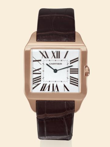 Santos-Dumont.Cartier.Santos-Dumont.case No. 365939CE, Ref. 2650. Sold on.May 6th, 2004..Fine, large, square, curved, 18K pink.gold gentleman's wristwatch with an.18K pink gold Cartier deployant clasp..Accompanied by a fitted box and certificate.