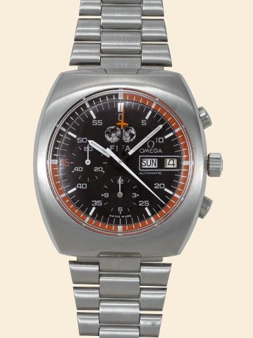Omega, FIFA, No. 46320367.Ref. ST 11003. Sold on April 15, 1983..Fine and interesting, cushion-shaped.stainless steel soccer referee`s wristwatch with round.button chronograph, central minute recorder, 12-hour.register, day and date, and a stainless steel