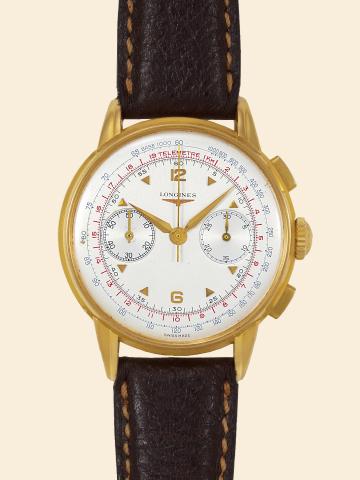 Longines.No. 7920820.case No. 5966-4..Made in the 1940s..Fine, 18K yellow gold gentleman's.wristwatch with square button chronograph.register, tachometer and telemeter.