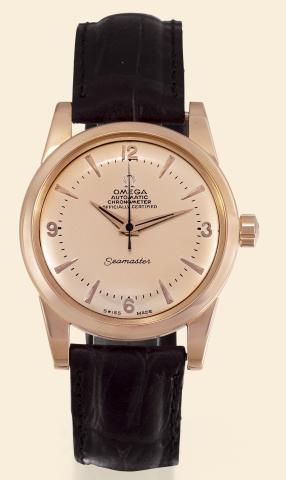 Pink Gold.Seamaster, Automatic.Chronometer.Omega, Seamaster, Automatic, Chronometer.Officially Certified, No..12274699, case No. 11000619, Ref. 2520..Made in 1952..Fine, center seconds, self-winding.water-resistant, 18K pink gold gentleman`.s wristwatch.