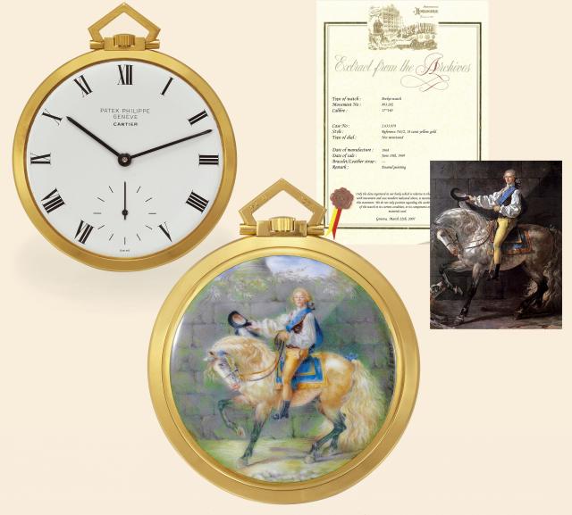 Portrait of Comte Stanislas Potocki.Patek Philippe Cie, Geneve, No. 893282, case No. 2633979, Ref. 763/2. Made in 1968.delivered to Cartier on June 18, 1969..Very fine and rare, 18K gold and painted on enamel keyless dress watch, the back with hand-pain