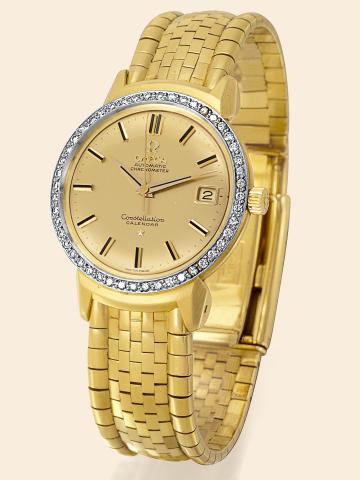 Yellow Gold Diamond Constellation Calendar Grand Luxe.Omega, Automatic Chronometer Constellation Calendar.Ref. SC 18781, No. 17238102, case No. 467323. Made in 1959..Very fine and rare, elegant, center-seconds, self-winding, water-resistant, 18K.yellow 