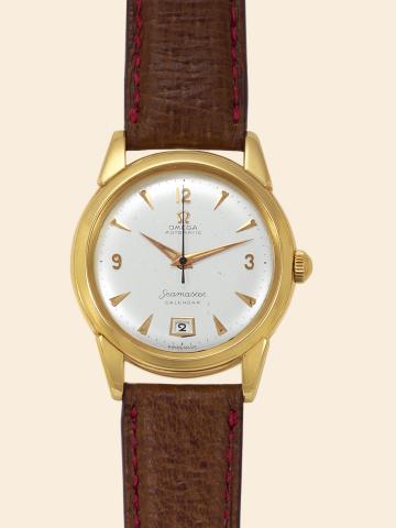 Yellow Gold Seamaster Calendar.Omega, Seamaster, Automatic, Calendar.No. 13169678, case No. 11150312.Ref. 2627 SC. Made circa 1953..Fine, center seconds, self-winding, water-resistant, 18K.yellow gold gentleman`s wristwatch with date.