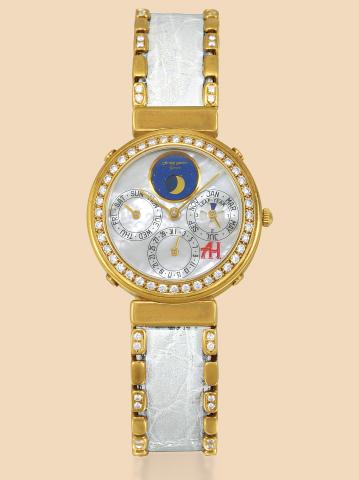 Yellow Gold Diamond Perpetual Calendar.G_rald Genta, AH, No. 41682, Ref. G. 3053.8..Made in the 1990s..Very fine, astronomic, water-resistant, 18K yellow gold.diamond-set, mother of pearl and lapis lazuli, quartz, gentleman's.wristwatch with perpetual c