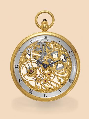 Skeletonized Dress Watch.Breguet, Ref. 1872. Made in the 1980s..Very fine, thin, 18K yellow gold, skeletonized.keyless dress watch with a yellow gold oblong-link chain.