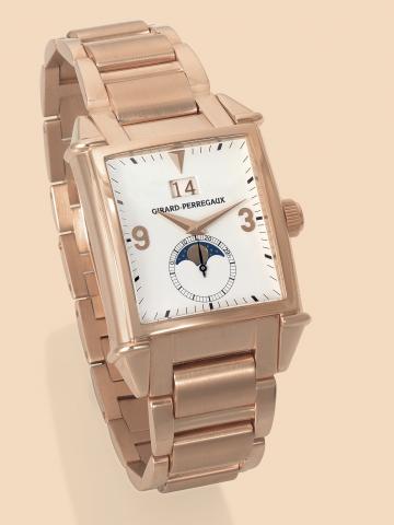 Big Date Moon-Phase.Girard-Perregaux, La Chaux-de-Fonds, Big Date.Moon-Phase, Ref. 2580. Made circa 2000..Very fine and rare, square and curved, astronomic, self-winding.18K pink gold gentleman's wristwatch with date, moon.phases, age of the moon and an 1