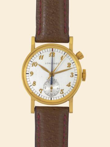 Single Button.Chronograph.Longines, No. 7970694.Ref. 1876. Made in the 1940s..Fine and rare, 10K gold-filled gentleman's.wristwatch with retour en vol.single button chronograph with central.minute recorder.