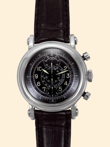 Platinum Ref. 7000 CC.Franck Muller, Chronograph, Ref. 7000.CC, No. 04. Made in 2004..Fine, self-winding, water-resistant, platinum gentleman's.wristwatch with round button chronograph.tachometer, pulsometer and a platinum Franck Muller.buckle. Accompanie