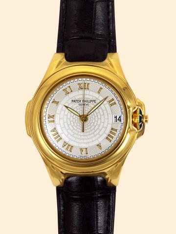 So-called Russian.Watch, Ref. 5090J.Patek Philippe Cie.Gen_ve, Sculpture, No. 3012579.case No. 4046285, Ref. 5090 J. Made.for the Russian Market circa 2000..Very fine and rare, tonneau-shaped, center.seconds, self-winding, water-resistant, 18K.yellow go