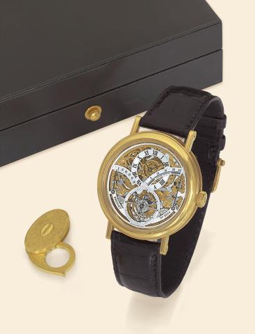 Tourbillon Squelette Retro.Breguet, No. 2554, Ref. 3655. Made in the late 1990s..Very fine and rare, skeletonized, 18K yellow gold gentleman's wristwatch with one.minute tourbillon regulator, retrograde 24 hour and 50 hour power reserve indicators and an 
