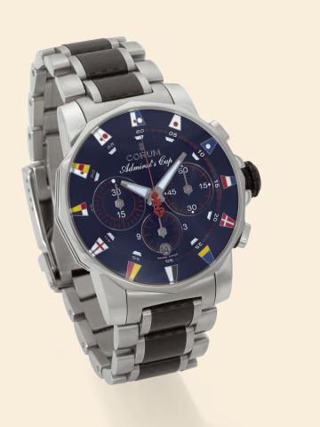 Admiral's Cup Regatta.Corum, No. 0696/2000, Ref. 985.631.20..Made in a limited edition of 2000 pieces.in circa 2004..Very fine, water-resistant, stainless steel gentleman's chronometer.wristwatch with date, square button chronograph.registers and a stainl
