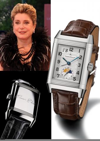 Catherine Deneuve.Jaeger LeCoultre, Reverso Grande Automatique Ref. 3038420. Made in 2007..Very fine, self-winding, water resistant, rectangular stainless steel gentleman's reversible wristwatch with two time zone indication, large date display, day-night