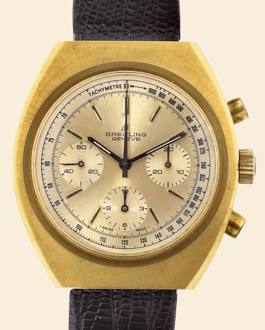 Long Playing.Breitling, Ref. 820.4. Made circa 1968..Fine, tonneau-shaped, water-resistant, yellow.gold-plated and stainless steel wristwatch with round.button chronograph, registers and tachometer..To be sold without reserve