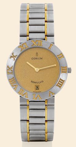 Romulus.Corum, Romulus, Ref. 43.903.21. Made in the.1990s..Fine, water-resistant, stainless steel and yellow gold quartz.wristwatch with date and an integrated, stainless steel and.yellow gold Corum link bracelet with double deployant clasp..Accompanied b