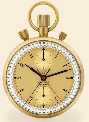 Olympic.Omega, Olympic, No. 1776657, Ref. 6713..Made in a small series for the Pan American.Games at Winnipeg (Manitoba, Canada) in 1966..Fine and rare, large, keyless, 18K yellow gold pocket watch.with split-seconds chronograph and instantaneous 30-.minu