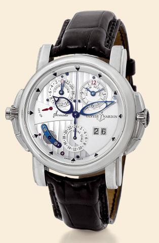 White Gold Sonata Cathedral Dual Time.Ulysse Nardin, Le Locle, Suisse, Sonata Cathedral Dual Time, No. 409, Ref. 660-88..Made in 2004. Production of this reference started in 2003..Very fine, rare and unusual, center seconds, self-winding, water-resistant