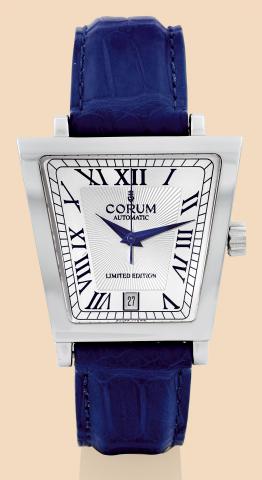 Trapeze.Corum, Trapeze, Automatic, No. 06/75.Ref. 145.75.120. Made in a limited edition of.75 pieces circa 2004..Fine, stylized, curved, center seconds, self-winding, waterresistant.stainless steel wristwatch with date and a stainless.steel Corum double d