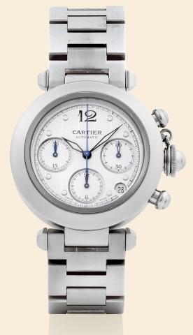 Pasha C Chronograph.Cartier, Pasha C Chronograph, Automatic, Ref. 2412..Fine, self-winding, water-resistant, stainless steel wristwatch with round-button chronograph, registers, date.and a stainless steel Cartier bracelet with deployant clasp. Accompanied