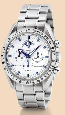 Speedmaster Professional.Omega, Speedmaster Professional.Ref. 35752000. Made circa 2002..Fine and rare, water-resistant, stainless steel wristwatch with.round-button chronograph, registers, date, moon phases and.a stainless steel Omega link bracelet. Acco