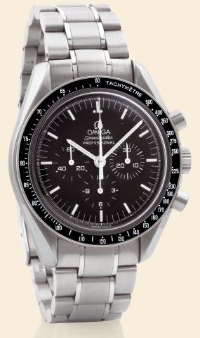 Apollo 11, Speedmaster Professional.Omega, No. 77002640, Ref. 145.0223..Made in 1969..Fine, water-resistant, stainless steel wristwatch with roundbutton.chronograph, 12-hour and 30-minute registers, black.bezel with tachometer and a stainless steel Omega 