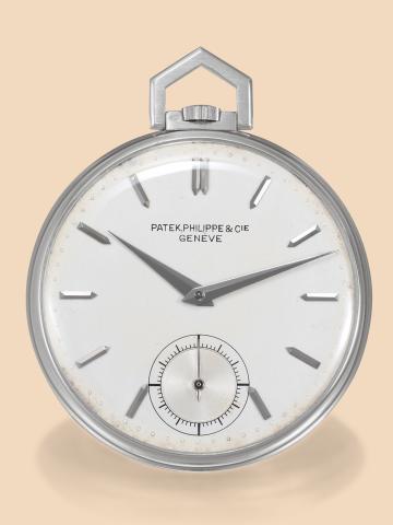 Patek Philippe Cie..Geneve, No. 891268, case.No. 420480, Ref. 689..Made in 1947, sold on April 6, 1948..Very fine and elegant, thin, keyless.platinum Art Deco dress watch with.white gold and pearl chain. Accompanied.by the Extract from the Archives.