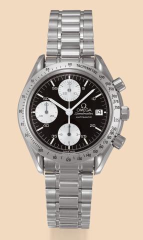 Speedmaster, Automatic.Omega, Speedmaster, Automatic.Case No. 53945329, Ref. ST 375.00.43. Made in 1993..Fine, asymmetric, self-winding, water-resistant, stainless.steel wristwatch with round button chronograph, registers.date and a stainless steel Omega 